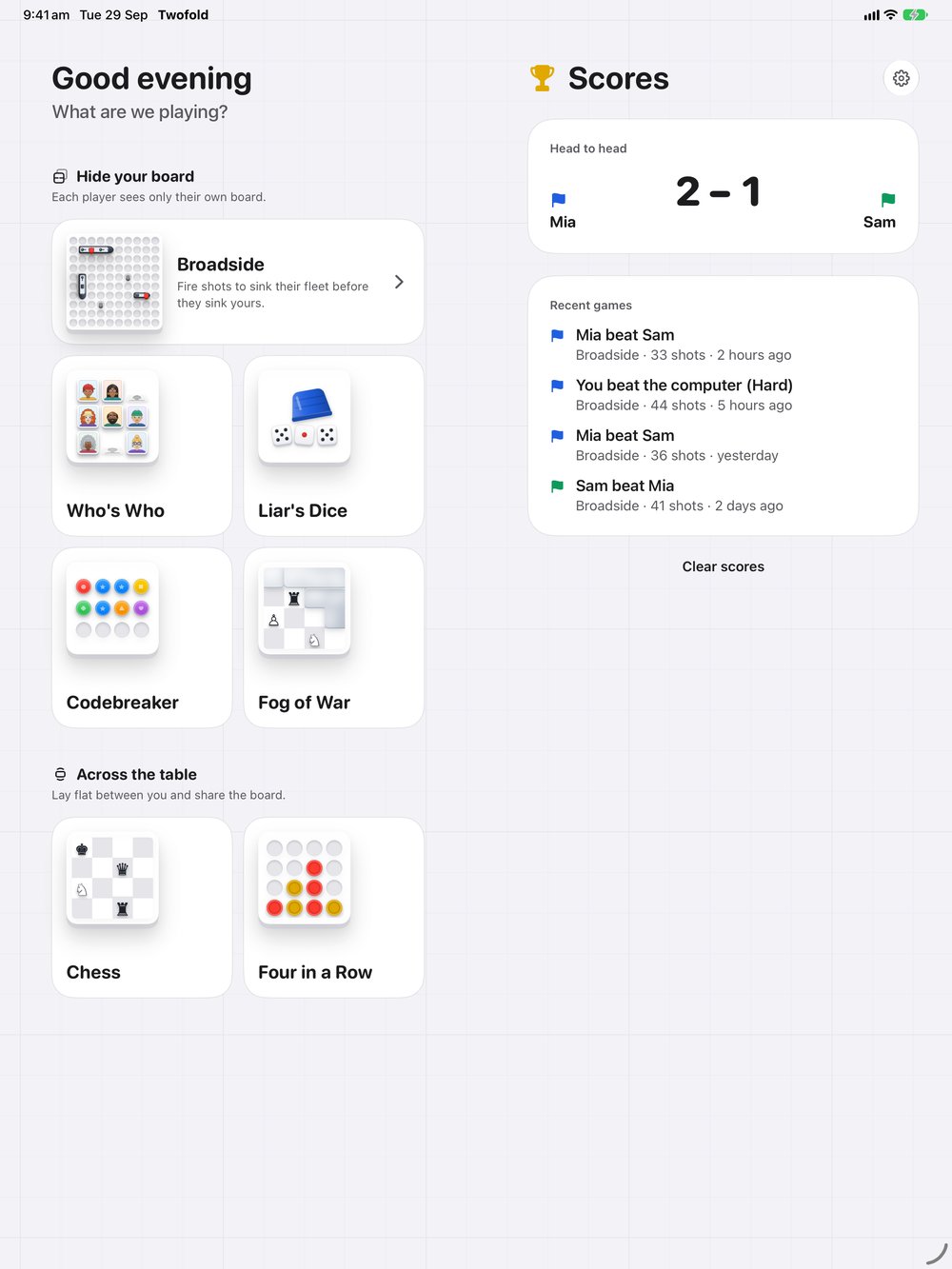Twofold on iPad: the game list and scores